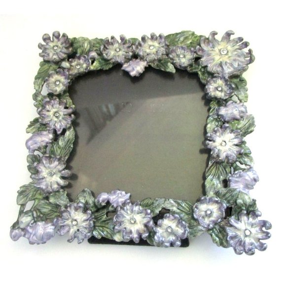 Vintage Pewter Gray Enameled Purple Floral Rhinestone Ornate Picture Frame 5x5 - Picture 1 of 8